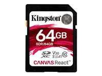 Kingston Canvas React - Carte mémoire flash - 64 Go - A1 / Video Class V30 / UHS-I U3 / Class10 - SDXC UHS-I SDR/64GB