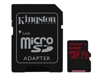 Kingston Canvas React - Carte mémoire flash (adaptateur microSDXC vers SD inclus(e)) - 64 Go - A1 / Video Class V30 / UHS-I U3 / Class10 - microSDXC UHS-I SDCR/64GB