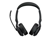 Jabra Evolve2 55 UC Stereo - Micro-casque - sur-oreille - Bluetooth - sans fil - Suppresseur de bruit actif - USB-C, USB-A - noir - avec support de chargement - certifié Zoom, Certifié pour Microsoft Teams, Cisco Webex Certified, Optimisé pour la CU, Certifié Alcatel-Lucent, Certifié Avaya, Certifié Unify, Certifié MFi, Certifié Google Meet, Certifié Amazon Chime, Certifié Google Fast Pair 25599-989-989